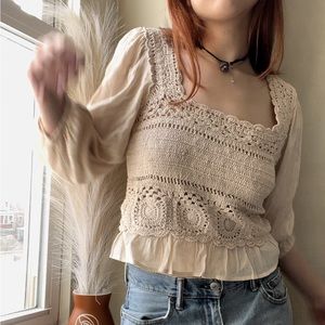 ~SOLD~ depop :)) American Eagle Outfitters Boho Puff Sleeve Crotchet Top ||